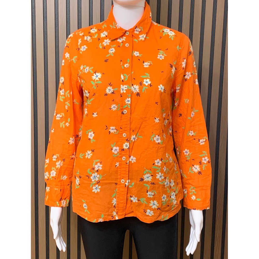 Talbots Petite Orange Floral Cotton Button Down Shirt SP Long Sleeve Top